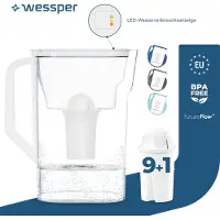 Wessper waterfilterkan, 2,7 liter, compatibel met Brita Classic, geschikt voor koelkastdeur, met handmatige indicator voor filtervervanging, 10 waterfilters AQUACLASSIC – Wit