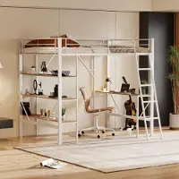 Sweiko bedframe, 90x200 cm, metalen bed, ijzeren bed, hoogslaper met bureau en drie grote opbergvakken, geschikt voor kinderen, tieners en volwassenen, wit