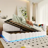 OKWISH Bedframe 90x200 cm – MDF en gestoffeerd beige – huisvormig ontwerp met LED-lichtstrepen – kinderkamer