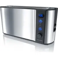 Arendo broodrooster, 1 lange gleuf, geschikt voor 2 sneetjes, 1000 W, lange gleuf, broodroosteraccessoire, warmte-isolerende behuizing, display, ontdooifunctie, roestvrij staal, zilver