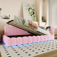 MODFU Uitschuifbaar bed met matras, 90x200. Dagbed met hydraulisch hefmechanisme, voorzien van een LED-lichtbalk. Jeugdbed met LED-verlichting en USB-aansluiting, roze