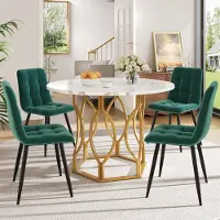 Flieks eethoek, 5-delig, bestaande uit een eettafel met 4 stoelen. Ronde tafel, 100x100x76 cm. Eetkamerstoelen van fluweel, in de kleuren goud en groen