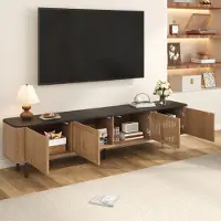 STILVORA TV-kast, 190x35x45 cm, met roedeuren, TV-meubel met veel opbergruimte en TV-paneel, geschikt voor woonkamer en hobbyruimte, in zwart en hout