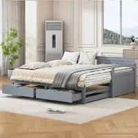 Merax dagbed 90x190cm/180x190cm met uitschuifbed en 2 lades, uitklapbare slaapbank met lattenbodem en armleuningen, kinderbed van massief hout, grijs