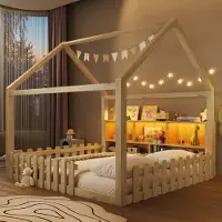 Flieks kinderbed, huisbed, 140x190 cm, met spijlen, laag bed met open opbergvakken, kinderbed, houten bed met valbeveiliging, in natuurlijke staat