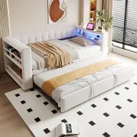 Flieks slaapbank 90x190cm/180x190cm met stopcontact, bekleed eenpersoonsbed met lederen bekleding en uitschuifbed, dagbed met plank, flanellen stof, beige kleur