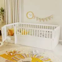 Flieks kinderbed 90x200 cm met deur, laag bed met valbeveiliging, speelbed zonder lattenbodem, houten eenpersoonsbed, wit