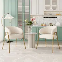 Flieks gestoffeerde fauteuil, set van 2, woonkamerstoel met metalen poten, eetkamerstoel met armleuningen, bekleed met lamswol, keukenstoel, make-up stoel, wit