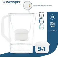 Wessper waterfilterkan van 2,7 liter, compatibel met Brita Maxtra, geschikt voor de koelkastdeur, met een handmatige indicator voor de filterlevensduur. De set bevat een waterfilter