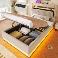 OKWISH Gestoffeerd Bed 90x200 cm - Met USB En Type C - Ledverlichting En Hydraulische Opbergruimte - Zonder Matras - Beige