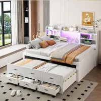 OKWISH Jeugdbed met uitschuifbaar bed, 140x200, tweepersoonsbed met matras, slaapbank met opbergruimte en bedfunctie, dagbed met USB- en Type-C poorten, wit