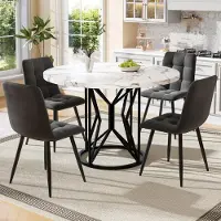 Sweiko Eettafelset (5-delig), eettafelset met 4 stoelen, keukentafelset, ronde eettafel met een diameter van 100 cm, witte MDF-tafelblad, grijze fluwelen eetkamerstoelen