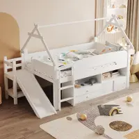 STILVORA Kinderbed 90x200 cm – Hoogslaper Met Dakframe & Glijbaan – Opbergruimte Met Lades/Vakken/Kasten – Massief Hout – Wit – Zonder matras