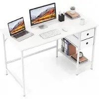 Costway Bureau met 2 lades, 120 cm lang computerbureau met hoofdtelefoonhouder en opbergvak, kantoorbureau, groot computerbureau, werkplek, wit