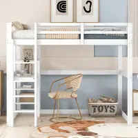 Sweiko kinderbed, hoogslaper, bedframe met opbergruimte, volledig van grenenhout, met 4 opbergvakken en een bureaublad, wit, 140 x 200 cm