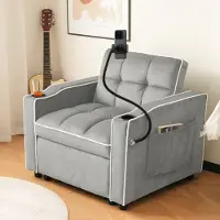 STILVORA : Uittrekbare relaxfauteuil met telefoonhouder, verstelbare loungestoel met opbergvak en bekerhouder, ligstoel met fluwelen bekleding, grijs