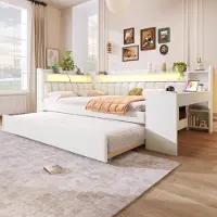STILVORA Daybed 140x200 Cm – Met Ledverlichting En Usb Aansluiting – Met Uitschuifbed 90x190 En Bureau – Zonder Matras – Gestoffeerd – Wit