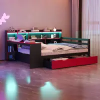 MODFU Uittrekbare slaapbank 140x200, Houten bed met geïntegreerde verlichting en lades, Enkel bed met bureau en lades, Bedframe met opbergruimte en planken, Inclusief matras, Zwart + Rood