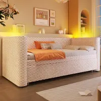 STILVORA Eenpersoonsbed 90x200 cm – Uittrekbed 2-in-1 Tot 180x200 cm – App-LED & Handmatige Bediening – Fluweel MDF – Beige – Zonder Matras