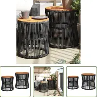 The Living Store : 2 bijzettafels voor in de tuin, met een houten blad, zwart, van polyrotan