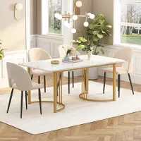 Sweiko eettafel, 140 x 80 cm, (1 stuk), moderne keukentafel, frame van metaal.Rechthoekige eettafel met een modern marmerpatroon, geschikt voor eetkamer en woonkamer, met verstelbare poten, wit/goud