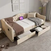 STILVORA Bedframe 90x200 cm – beige fluweel – Mid-Century design met 2 grote opbergladen