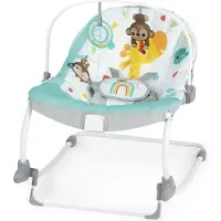 Bright Starts Babywippe, Transat Arc-en Ciel, blauw, met rustgevende vibraties, 2 ligposities, geschikt voor baby's vanaf 0 maanden tot 18 kg