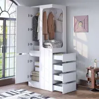 OKWISH Minimalistische garderobekast. Garderobekast met vier zijladen, draaiduurdeuren en gemakkelijke toegang. Wit