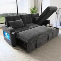 Merax Hoekbank met slaapfunctie, L-vormige bank met opbergruimte, losse chaise longue, bekerhouders, USB/LED-verlichting, slaapbank, grijs