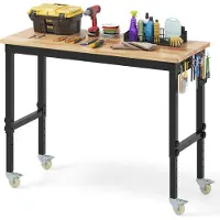 Costway Verstelbare werkbank, werkplaats werktafel met wielen en een werkblad van 122 cm, werkbanktafel/gereedschapstafel met een draagvermogen tot 1100 kg, metalen frame, rubberhout