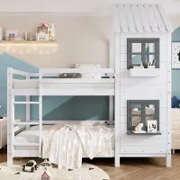 Sweiko etagesbed met leuning en raam, huisbed, kinderbed met valbeveiliging en spijlen, frame van grenen hout, wit (90x200 cm)