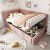 OKWISH Bedframe 90x190 cm – grijs linnen – kindvriendelijk met uittrekbed en wolkenvorm