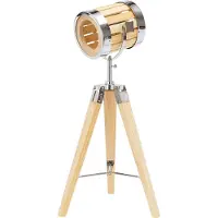 Ed Brubaker Vloerlamp, industrieel design, driepootlamp - 65 cm hoog - Houten statiefpoten - Lampenkap in chroomkleur/messing