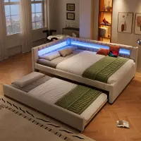 MODFU opklapbare slaapbank 140x200, kinderbed met uitschuifbaar bed en lattenbodem, dagbed met LED-verlichting, bediening via app en kabel, zonder matras, beige