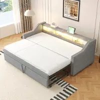 OKWISH Uitschuifbed Daybed 90/180 x 190 cm, multifunctionele opbergruimte met LED-verlichting en USB-poort, kinderbed, tienerbed (zonder matras) - lichtgrijs