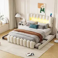 Sweiko -Gestoffeerd bed 160 x 200 cm- met 4 lades- met LED-lichtstrip met USB en stereosysteem- fluweel- beige- zonder matras