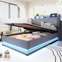 OKWISH Kinderbed 90x200 cm. Beklede bed. Multifunctioneel éénpersoonsbed met veranderende LED-verlichting en USB-aansluiting, met hydraulische opbergruimte, zonder matras, grijs