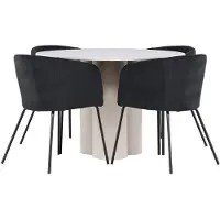 Ebuy24 Olivia eethoek tafel Ø110cm en 4 fluwelen stoelen met armleuningen beige.