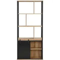 Vente-unique Boekenkast met opbergruimte en 1 schuifdeur van mdf en staal - Naturel en zwart - YALENA L 80 cm x H 180 cm x D 35 cm