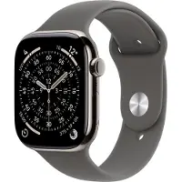 Apple Watch Series 11 GPS + mobiel 46 mm, natuur titanium behuizing met sportband - steengrijs - M/L