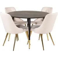 Ebuy24 DippØ115BLBR eethoek eetkamertafel zwart en 4 Velvet Deluxe eetkamerstal velours beige, messing decor.