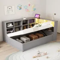 OKWISH Slaapbank 90x200cm - Met Multifunctionele Stekkerdoos en Smartphone-LED - Hydraulisch Opklapbed - Met Opbergruimte - Hout - Grijs - Zonder matras