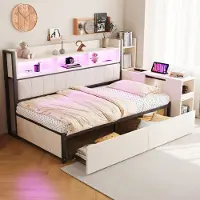 OKWISH Metaalbed 90x200 cm - Multifunctioneel met uitklapbaar bureau en ingebouwde stopcontacten - Met opberglades - Metaal;Multiplex - Wit Zonder matras