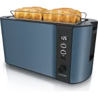 Arendo Langschlitztooster, 1500 W, geschikt voor 4 boterhammen, met display en resterende tijdsaanduiding, 6 bruiningsgraden, broodroosteraccessoire, kruimelbak, roestvrij staal, blauw