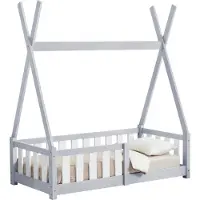 En.casa Kinderbed 'Helsingborg' met valbeveiliging, gemaakt van grenenhout, afmetingen 70 x 140 cm, kleur lichtgrijs