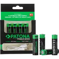 PATONA Premium USB-C 4x AA oplaadbare lithiumbatterijen, 1,5V, 3000mWh, met 1 naar 2 USB-C oplaadkabel