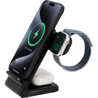 Cazy 3-in-1 Draadloze Oplader Stand 15W - Geschikt voor Apple Watch, Airpods en Iphone - Snelladen & USB-C - Oplaadstandaard - Qi-Gecertificeerde Toestellen - LED Lampje - Zwart