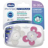 Chicco Fopspeen Physio Comfort Lumi Meisje Siliconen 12m 2 eenheden|Soother Physio Comfort Lumi Girl Silicone 12m 2 units|Sucette Physio Comfort Lumi Girl Silicone 12m 2 unités