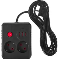Macleans stekkerdoos met verlengkabel, 2 stopcontacten + 3 USB-poorten, 110-240V AC, 50/60Hz, 2 x 1A max, 2500W, 3 meter, zwart, model MCE388 B