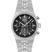 BOSS quartz zilver heren horloge met zwarte wijzerplaat & roestvrij stalen band
